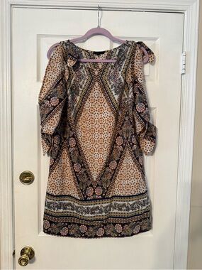 BeBop Beige and Navy Floral Cold-Shoulder Mini Dress